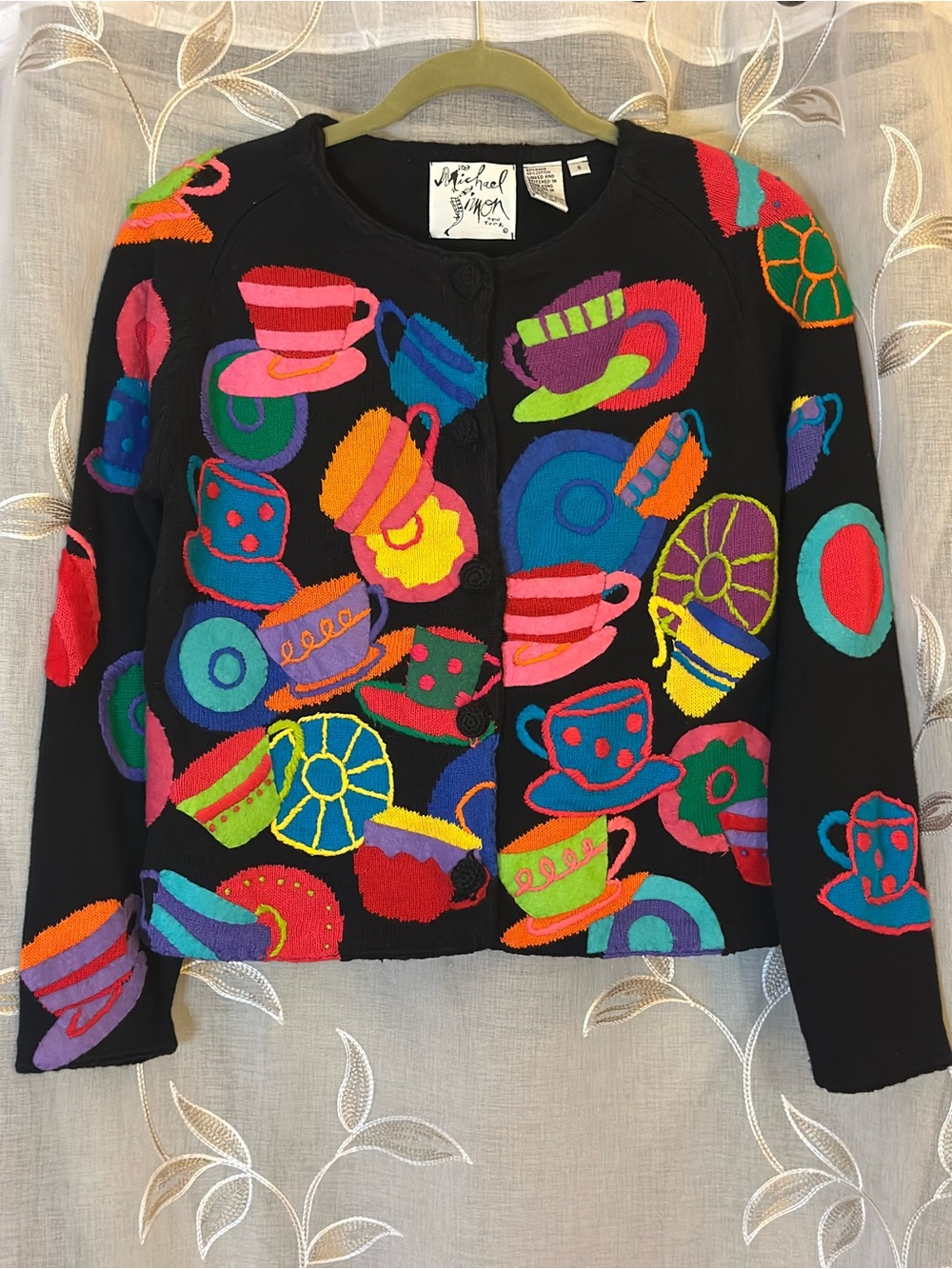 Vintage 1997 Michael Simon Tea Cup Cardigan Sweater S Teacup Art to Wear